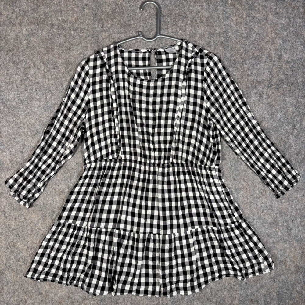 Time and Tru Maternity Tunic Top L 12-14 Black White Gingham Tiered Peplum L/S